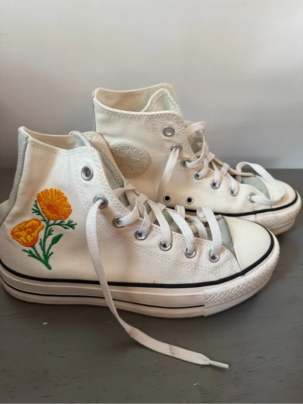 Converse White High Top Sneakers with Yellow Floral Detail